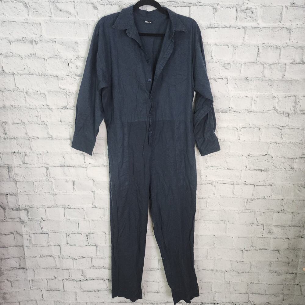 Atlas oversized Jumpsuit Sz S navy long sleeve 100% cotton casual pockets A5N